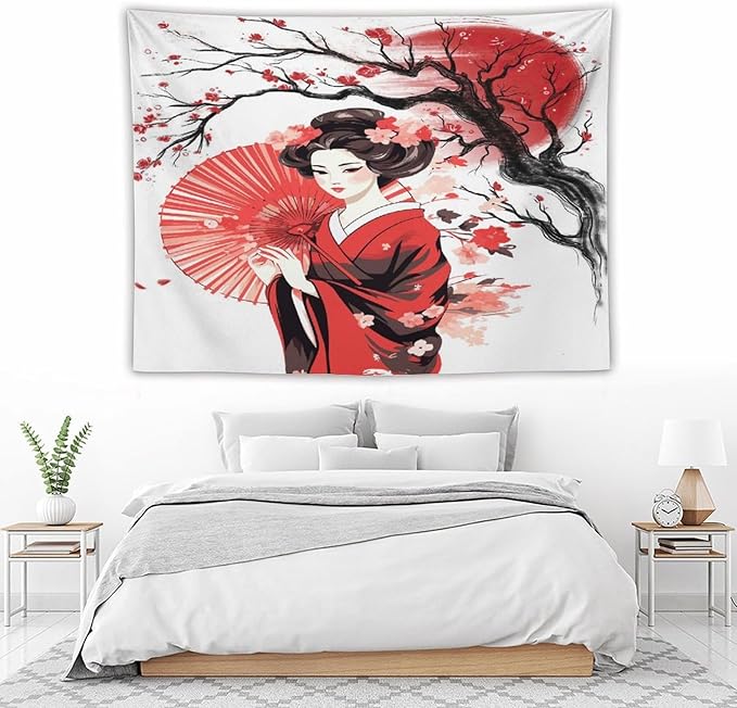 Japanese Red Geisha Tapestry Asian Cherry Blossom Traditional Kimono Folk Tapestries Home Decor for Living Room Bedroom Apartment Farmhouse Dorm 80"x60"-Ruum Studio Home
