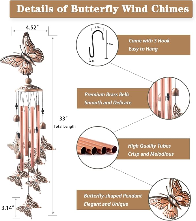 Wind Chimes for Outside, 33" Butterfly Wind Chimes Outdoor, Birthday Gifts for Women Mom Sister, Gift for Garden Porch Patio Home Decor (Golden)-Ruum Studio Home