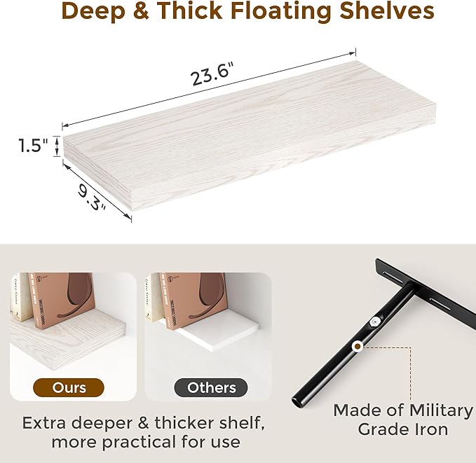 24 x 9 Floating Shelves, 9 Inch Deep Floating Shelf Wall Mounted, 24 Inch Bathroom Shelves Set of 2, Rustic Wood Wall Shelf for Bedroom, Living Room, Brich Color-Ruum Studio Home