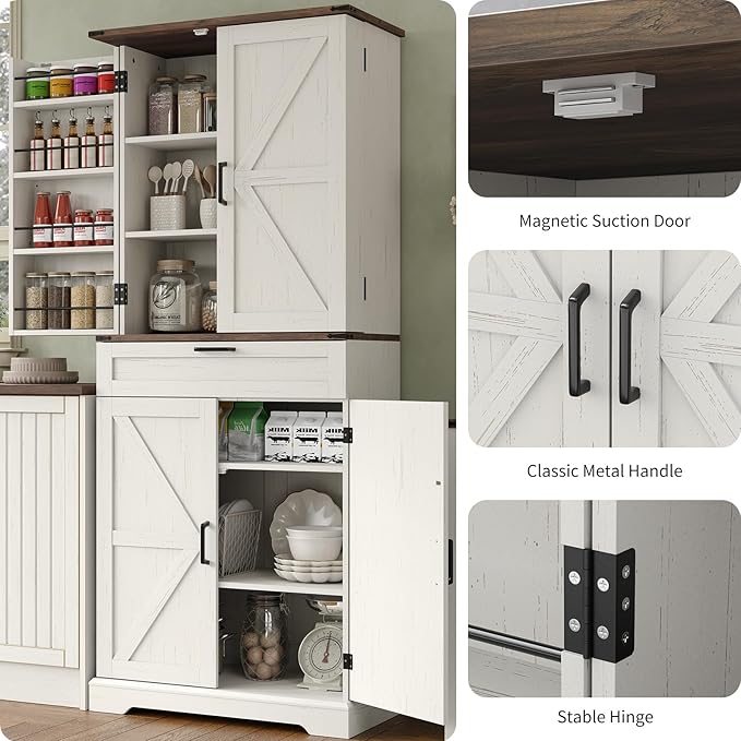 72'' Kitchen Storage Pantry Cabinet, Tall Storage Cabinet with 8 Door Shelves, 2 Cabinets and 1 Drawer, Freestanding Cupboard for Kitchen, Dining Room, Bathroom, Laundry, Off White-Ruum Studio Home