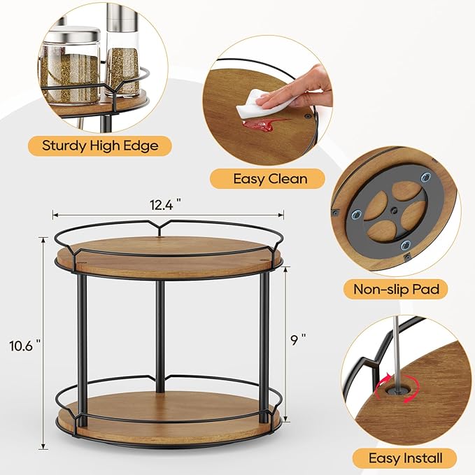 12.4" Lazy Susan Organizer 2 Tier - Rotating Spice Rack, Wooden Spinning Spice Holder for Inside Cabinet, Pantry, Kitchen, Countertop, Bathroom and Vanity, Versatile Storage-Ruum Studio Home
