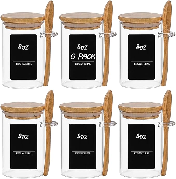 ComSaf Spice Jars with Spoon 8 oz 6Pack, Small Spice Containers Starter Set, Glass Seasoning Jars with Labels, Round Seasoning Containers for Salt, Pepper, Chili Powder, Sugar, Loose Tea Storage-Ruum Studio Home