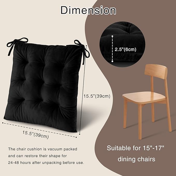 OVOV Chair Cushions for Dining Chairs Set of 6 Tufted Indoor Chair Pads with Ties Soft Square Seat Cushions for Kitchen Chairs 15.5"x15.5",Black-Ruum Studio Home
