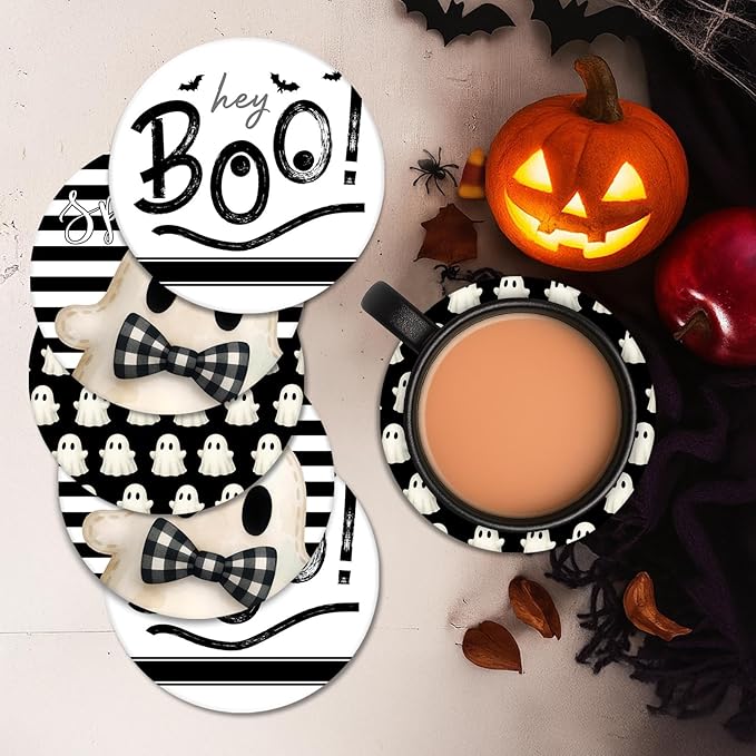 Coaster for Drinks Set of 6, Halloween Hey Boo Cute Ghost Spooky Black White Absorbent Round Ceramic Stone Mat, with Cork Base and Metal Holder, Gift for Housewarming Room Bar Decor-Ruum Studio Home