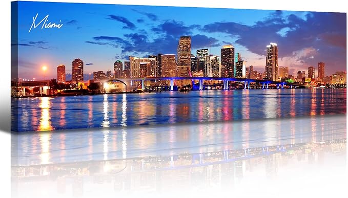 Office Wall Decor Miami Skyline Wall Art Panoramic Cityscape Picture Modern USA City Night View Canvas Prints for Bedroom Living Room Home Decoration Stretched and Framed Ready to Hang 13.8"x45.3"-Ruum Studio Home
