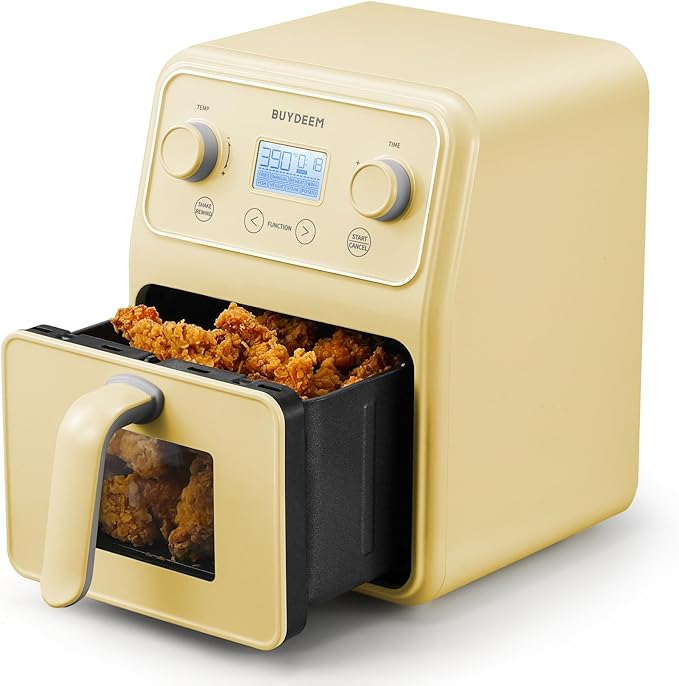 BUYDEEM F51 8-in-1 Air Fryer 4.2QT, Retro Countertop Airfryer Oven with Visible Window, Shake Reminder, One-touch Control with LCD Display, Mellow Yellow-Ruum Studio Home