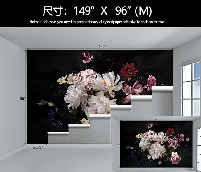 Dark Floral Wallpaper Mural Vintage Peony Flowers Black Background Wall Mural Bedroom (Not Peel and Stick)-Ruum Studio Home
