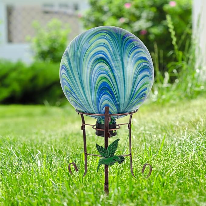 10" Diameter Gazing Ball with 8.5" Metal Stand Indoor Outdoor Glass Globe Sphere Festive Decor Yard Ornament Gazing Balls for Garden,Home,Lawn,Patio,Porch,Birthday Gift for Women(Green)-Ruum Studio Home