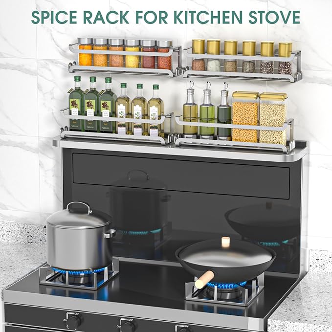 LUCYCAZ 4 Pack Wall Mounted Spice Rack with 16 Hooks, Spice Organizer Shelf for Stove Cabinet Pantry Door,Screw or Adhesive Spice Shelf Hanging Wall Spice Rack in Kitchen and RV (Silver, 4 PACK)-Ruum Studio Home