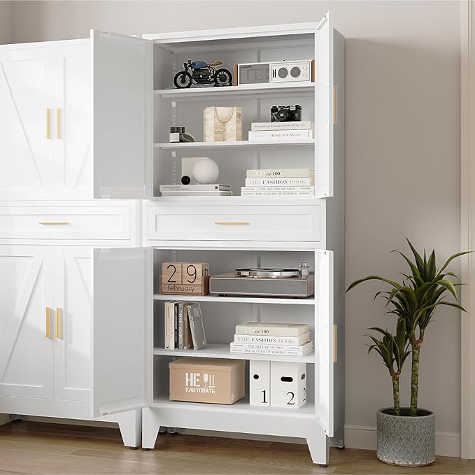 71 "Farmhouse Metal Filing Cabinet with a Drawer and 4 Adjustable Shelves, with 4 Large barn Door White Kitchen Cabinets, Metal Food Cabinets for Home, Kitchen, Dining/Living Room (White)-Ruum Studio Home