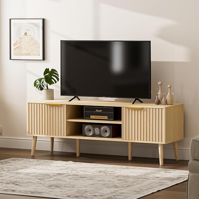 TV Stand for Living Room, Boho Entertainment Center for 55/60/65 inch TVs, Media Console with Fluted Door Cabinets and Open Shelves, for Bedroom, Oak-Ruum Studio Home