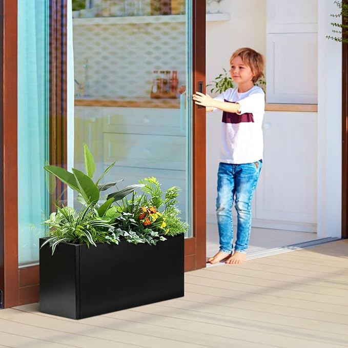 Galvanized Steel Metal Planter Rectangular Indoor Black Planter Box Large Outdoor Planters Steel 25" Lx 11" W x 13" H Commercial Residential for Patio, Deck, Garden-Ruum Studio Home
