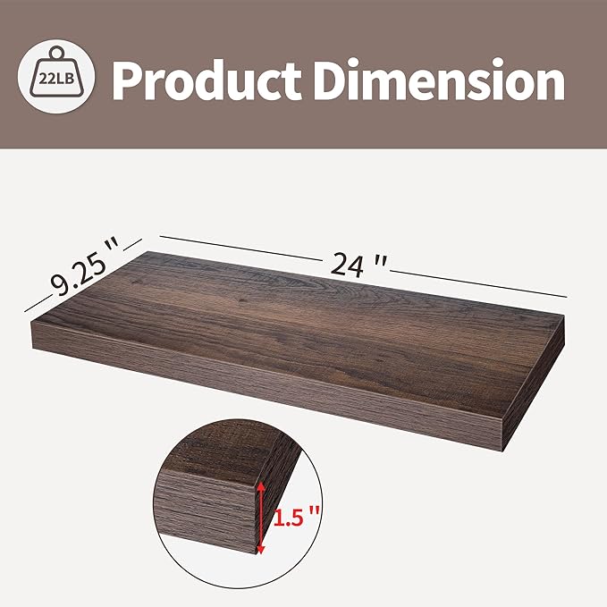 LaVie Home Floating Shelves, 24 Inch Wall Shelf Set of 2, Hanging Shelf with Invisible Brackets, Wall Decor for Bathroom, Bedroom, Living Room, Kitchen Storage, Rustic Brown-Ruum Studio Home