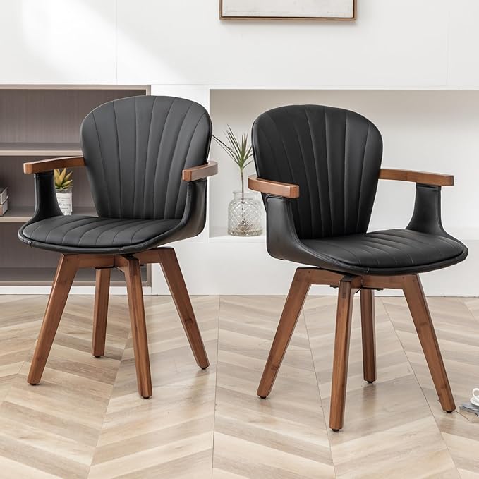 LUNLING Swivel Dining Room Chairs Set of 2, Mid Century Modern Black Faux Leather Kitchen Chairs with Arms,Bamboo Legs Side Chairs No Wheels,Accent Chair for Dining Rooms and Offices-Ruum Studio Home