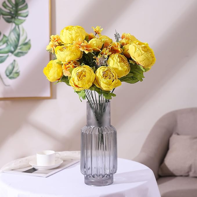 Duovlo Artificial Peony Silk Flowers Fake Flowers Vintage Wedding Home Decoration,Pack of 1 (Yellow)-Ruum Studio Home