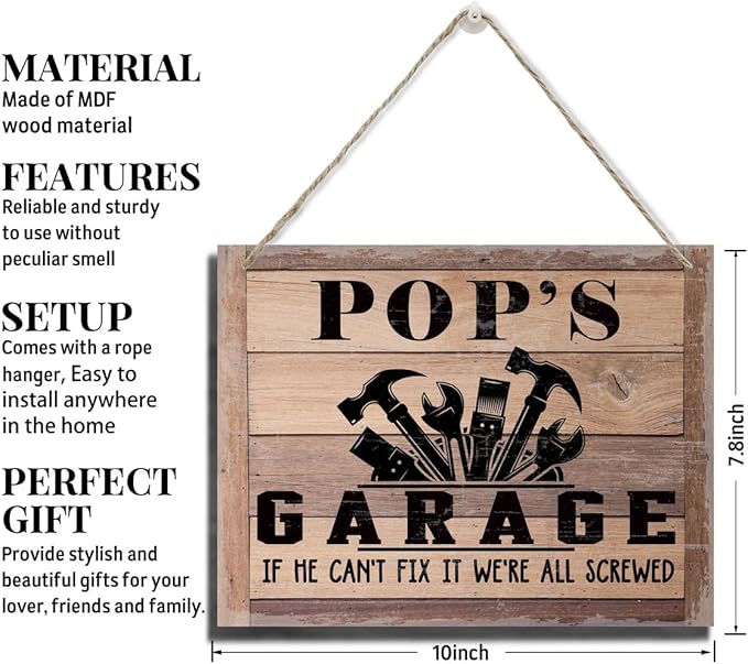 Rustic Sign, Father's Day Gift, Dad's Gift, Grandpa's Gift, Decor Hanging Wood Signs, Printed Wood Wall Art Sign, Pop's Garage, If He Can't Fix It We're All Screwed, Vintage Sign Gift for Grandpa-Ruum Studio Home