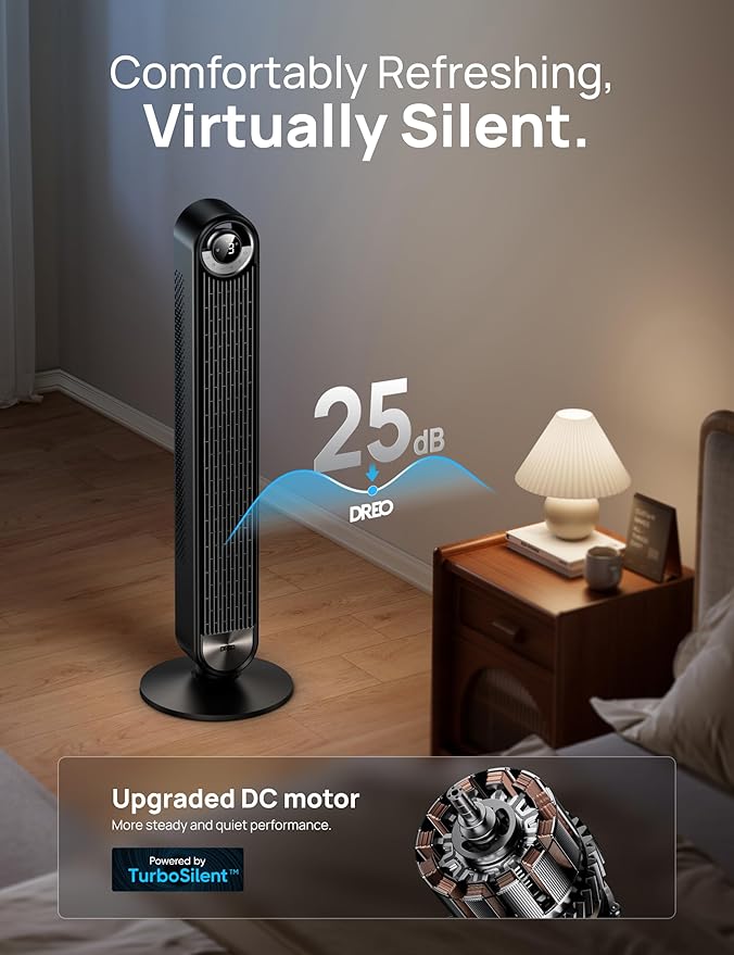 Dreo Tower Fan for Bedroom, 90° Oscillating Standing Floor Fan with 28ft/s Velocity, 25dB Quiet for Sleep, DC Motor, 9 Speeds, 4 Modes, 12H Timer, Voice & APP & Remote Control, 42" Cruiser Pro T2 S-Ruum Studio Home