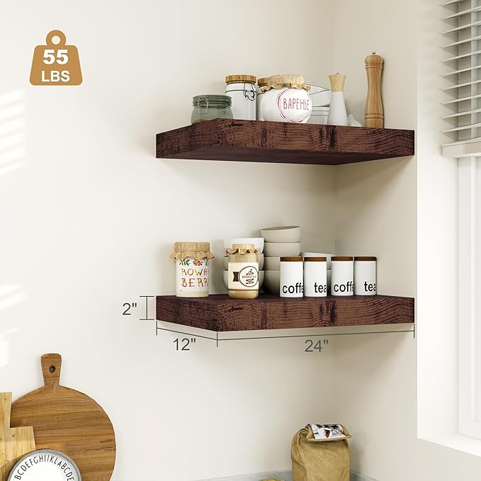 Heimlove Bathroom 12'' Deep Floating Shelves for Wall - Shelf Over Toilet Wall Mounted Farmhouse 24 inches,Wood Floating Shelves Decor & Storage Set of 1,Rustic Brown-Ruum Studio Home