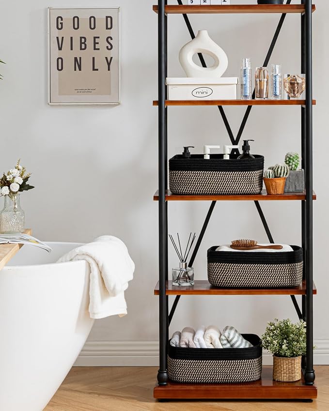 KALLAX Small Woven Basket, 13.5 x 9.5 x 5 Inches, Storage Basket for Organizing, Cute Small Rope Shelf Closet Cube Storage Bins Baskets for Shelves, Dog Toy Gift Baskets Empty, 3 Pack Black & Brown-Ruum Studio Home