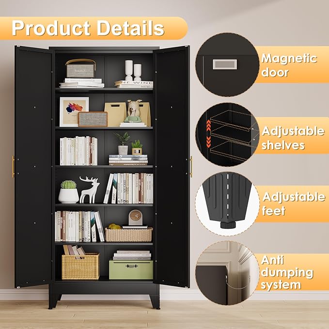 75" Tall Metal Kitchen Pantry Storage Cabinet, Freestanding Cupboard with 2 Doors and 5 Adjustable Shelves, Standing Storage for Kitchen, Bathroom, Garage, Dinning Room or Utility Room（Black）-Ruum Studio Home