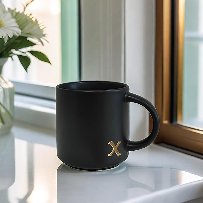 COLLECTIVE HOME - Black Monogram Ceramic Mugs, 15 oz Golden Initial Coffee Cups, Elegant Alphabet Tea Mugs, Personalized Halloween Mug with Gift Box, Perfect for Office and Home Décor (x)-Ruum Studio Home
