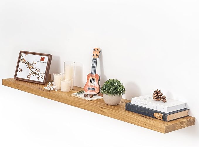 Fun Memories Floating Shelves for Wall, 48"x9.3" Rustic Solid Elm Wood Shelves, Heavy-Duty Wall Mounted Shelves with Invisible Brackets for Living Room, Bedroom, Kitchen, Natural Finish-Ruum Studio Home