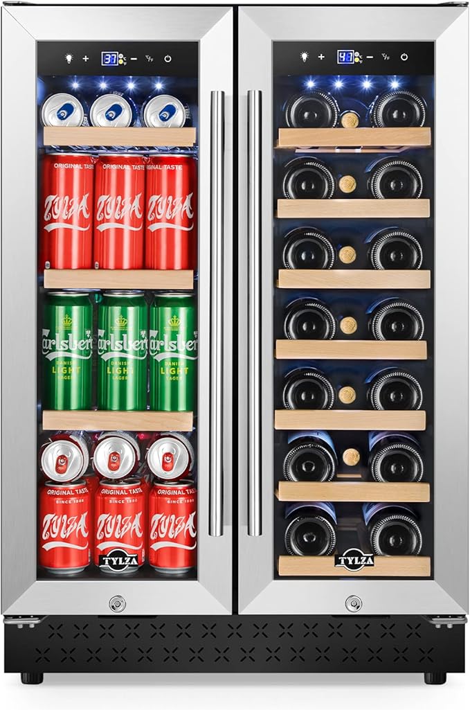 Tylza Upgraded Wine and Beverage Refrigerator 24 Inch, Dual Zone Wine Beverage Cooler with French Door, Under Counter Wine Beer Fridge Built-In or Freestanding, Holds 20 Bottles and 88 Cans TYBC120-3-Ruum Studio Home