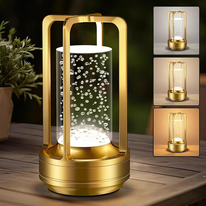 Portable Table Lamp for Outdoor Indoor: Cordless Rechargeable Desk Lamp with 3 Color Stepless Dimmable - Metal Battery Operated Small Lantern Light for Restaurant/Bedroom/Bar/Coffee Shop/Camping-Ruum Studio Home