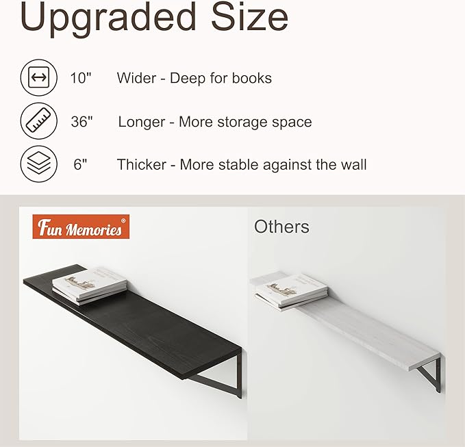 36"W x 10"D Floating Shelves, 10 Inch Deep Black Floating Shelves, Farmhouse Rustic Deep Wall Shelves for Home Decor, Wide Large Floating Shelf for Bathroom, Living Room, Kitchen, Study Room-Ruum Studio Home