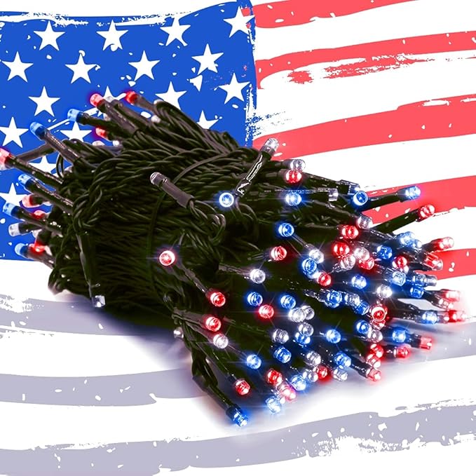 HOME LIGHTING 200 LED 66FT Fairy String Lights, July 4th Patriotic Light with 8 Lighting Modes, Mini Lights Plug in for Indoor Outdoor Independence Day Tree Holiday Party Decor, Red Blue & White-Ruum Studio Home