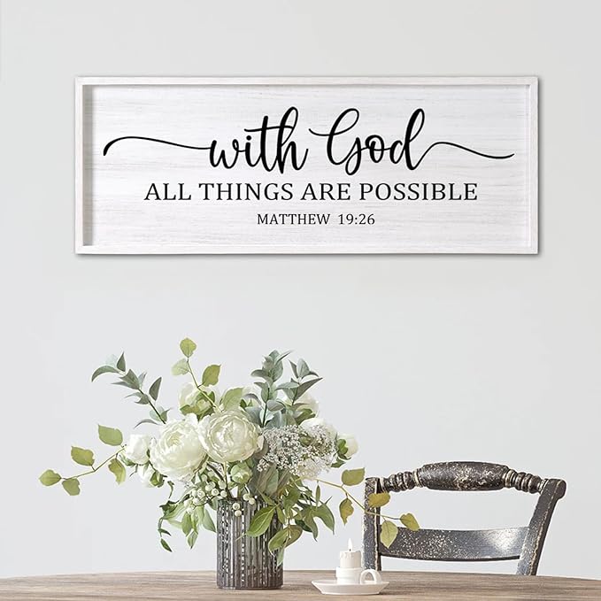 With God All Things are Possible Framed Wall Art, 40''×15'' White Holy Religious Rustic Bible Verse for Christian God Jesus Christ Prayer, Positive Horizontal Inspirational Catholic Scripture Decor-Ruum Studio Home