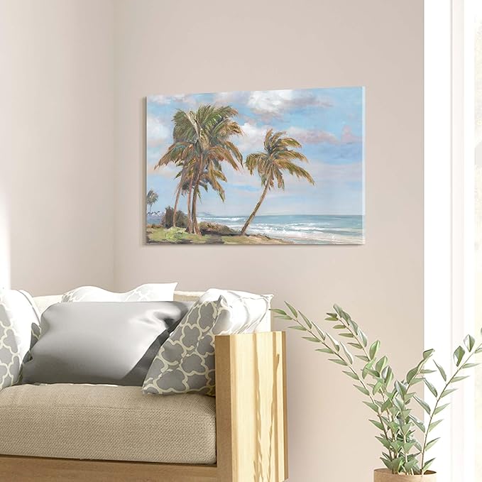 cozy country Palm Tree Wall Art 36"x24" - Coastal Pictures Beach Canvas Ocean Decor - Nautical Artwork Seascape Hand Painting for Bedroom, Sea House-Ruum Studio Home