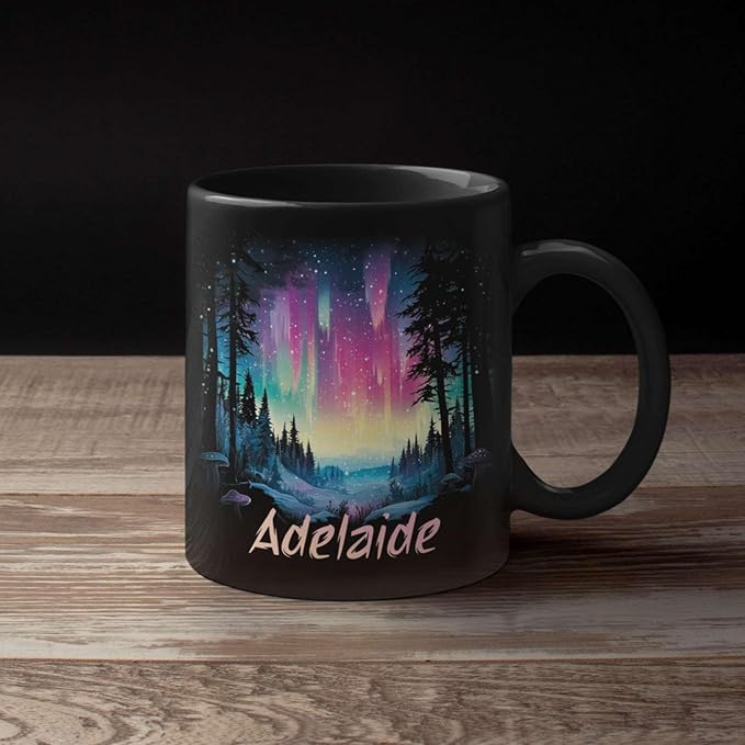 Personalized Winter Landscape Coffee Mug, Custom Northern Lights Ceramic Cup, Enchanted Forest With Vibrant Sky Mug, Custom Choose Name Black Mug 11oz 15oz, Gift For Nature Lovers-Ruum Studio Home