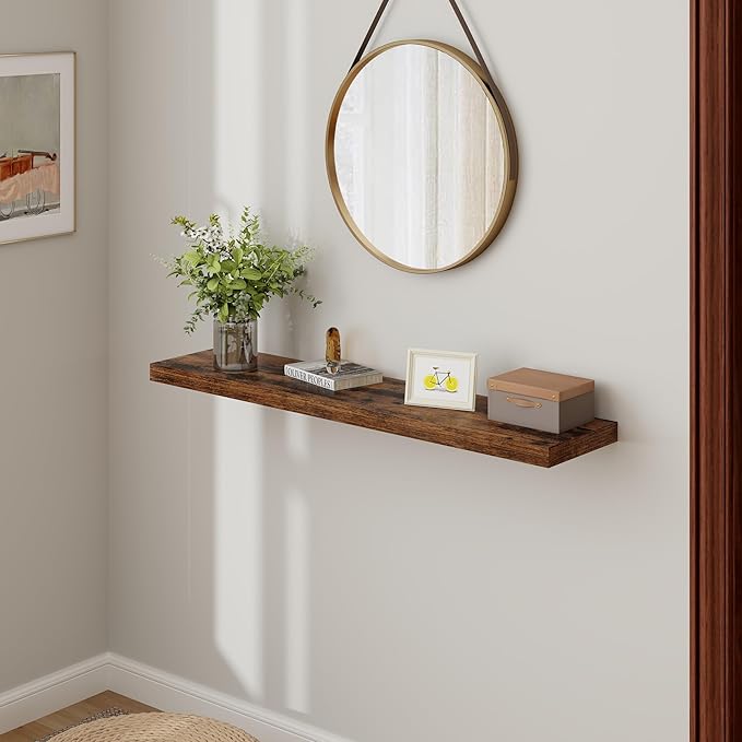 Floating Shelves 48 Inch Long, 48"W x 9"D Wall Shelf Invisible Bracket, 9 Inch Deep Floating Shelf for Wall, Rustic Wooden Shelves for Living Room, Kitchem, Bedroom, Rustic Brown Color, Set of 1-Ruum Studio Home