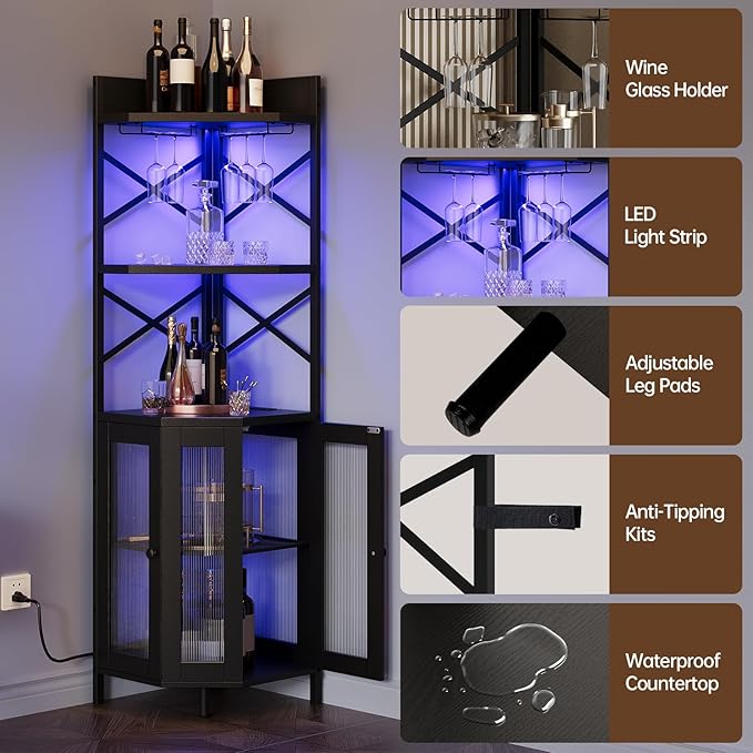 Corner Bar Cabinet with Power Outlet, 5-Tier Corner Wine Cabinet with Led Strip and Glass Holder, Industrial Tall Liquor Cabinet Bar Wine Rack for Home，Black-Ruum Studio Home