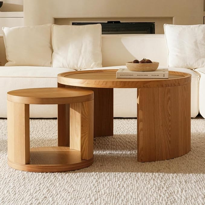 Round Nesting Coffee Table Set of 2,31.5" Large & 18" Small Low Tables with Wood Look Top,Space-Saving Side Tables for Living Room,Bedroom,Office,Minimalist Center Table Set (Brown, L+S)-Ruum Studio Home