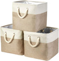 i BKGOO 3Pack Large Foldable Storage Bins，Collapsible Sturdy Cationic Fabric Organizing Storage Basket Cube with Cotton Handles for Home Office Shelf Clothes Toys White-Khaki 13×13×13 inch-Ruum Studio Home