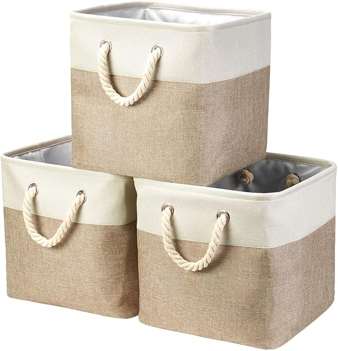 i BKGOO 3Pack Large Foldable Storage Bins，Collapsible Sturdy Cationic Fabric Organizing Storage Basket Cube with Cotton Handles for Home Office Shelf Clothes Toys White-Khaki 13×13×13 inch-Ruum Studio Home
