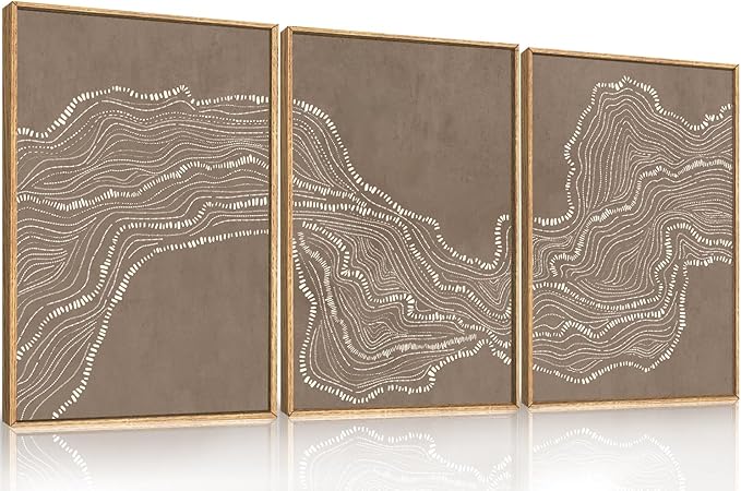 Geometric White Tan Wave Framed Canvas Wall Art Set, Abstract Line Art Painting, Modern Minimalism Wall Decor, Neutral Art Print for Living Room, Bedroom, Dining Room, Office - 16"x24"x3-Ruum Studio Home