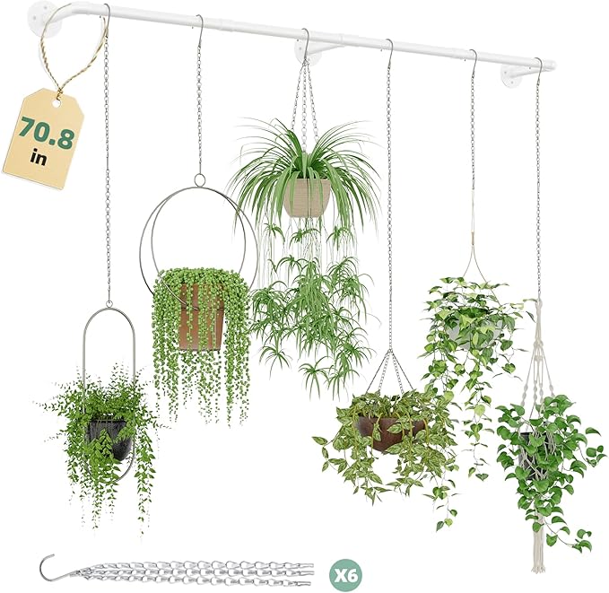 Plant Hanger Indoor with 6 Hanging Chains Hanging Planters for Indoor Plants Hanging Plant Holder Window Plant Shelves White Metal Rod(Pot not Included-Ruum Studio Home