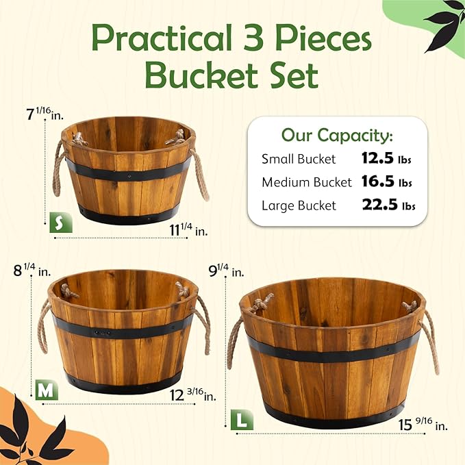 IDZO Set of 3 Wooden Flower Boxes Outdoor, Durable Acacia Wood Barrel Planters for Outdoor Plants with Ergonomic Handles, Drainage Holes, Multiple Sizes Wood Bucket Planter for Home Décor-Ruum Studio Home
