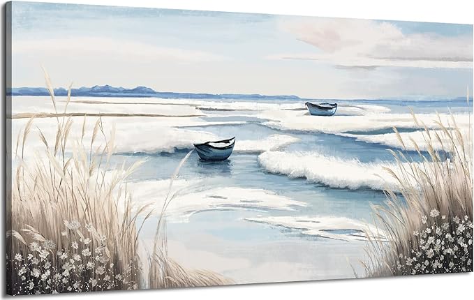 amatop Large Canvas Art Wall Decor for Bedroom Living Room –Rustic Coastal Ocean Artwork for Walls with Sailboat and Waves – Blue and White Nautical Beach Seascape Canvas Print 48x24 Inch-Ruum Studio Home