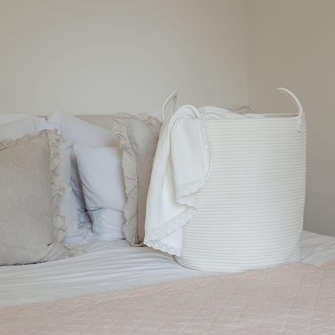 OrganiHaus White Laundry Basket 15x18, Cotton Rope Basket for Blankets, Tall Woven Baskets for Storage, Large Basket for Toys, Soft Blanket Holder Bin, Boho Blanket Basket for Living Room-Ruum Studio Home