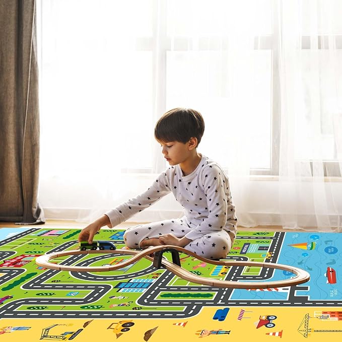 Kids Rug Playroom Car Rug Play Mat City Life Road Rugs Fun City Map for Kids Toy Cars Carpet for Bedroom Boys (Green-Rug, 5.2x7.9ft)-Ruum Studio Home