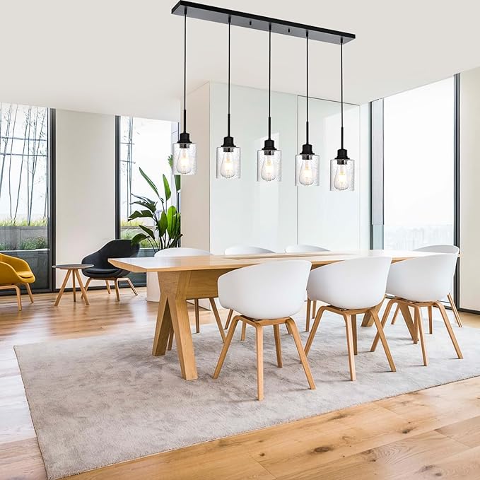 Black Chandelier 5 Light Dining Room Lighting Fixtures Hanging Linear Pendant Lights Industrial Modern Chandelier with Seeded Glass for Kitchen Island Living Room Bedroom Foyer Hall Entryway-Ruum Studio Home