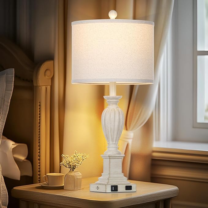27" Farmhouse 3 Way Dimmable Touch Table Lamp Set of 2 Rustic Classic Bedside Nightstand Wood Lamps for Living Room Bedroom with USB C+A Ports Washed White (2 Bulbs Included)-Ruum Studio Home
