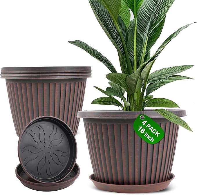 Large-Planter-Indoor-Outdoor Plant Pots, 16 inch 4 Pack Plastic Flower Pots with Saucer And Drainage Holes, Modern Garden Planters For Planting Medium Large Plants， Decorative Resin Garden Pots-Ruum Studio Home