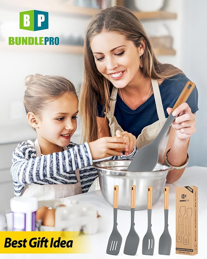 Pack of 4 Silicone Kitchen Utensils Set, Non Stick Solid Spatulas and Heat Resistant Slotted Spoons with Wooden Handle, Ideal BPA Free Cooking Utensils for Mixing,Serving,Turning,Stirring(GRAY)-Ruum Studio Home