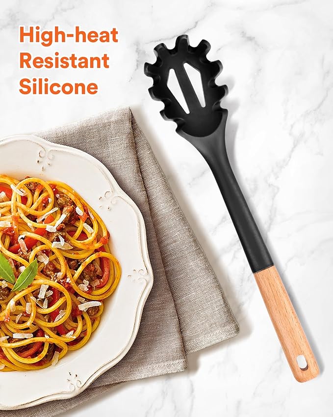 Silicone Pasta Fork, Kitchen Heat Resistant Noodle Spoon Server, BPA Free Spaghetti Strainer,12.8 inch (Black)-Ruum Studio Home