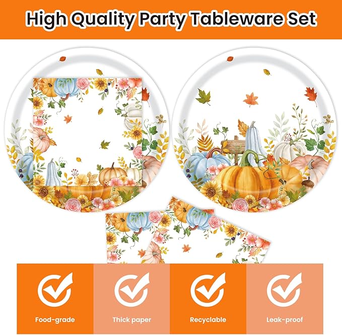 40Pcs Fall Paper Plates and Napkins Party Supplies, Disposable Thanksgiving Pumpkin Flower Wreath Plates Napkins Dinnerware Set for Autumn Theme Party Decorations (Fall)-Ruum Studio Home